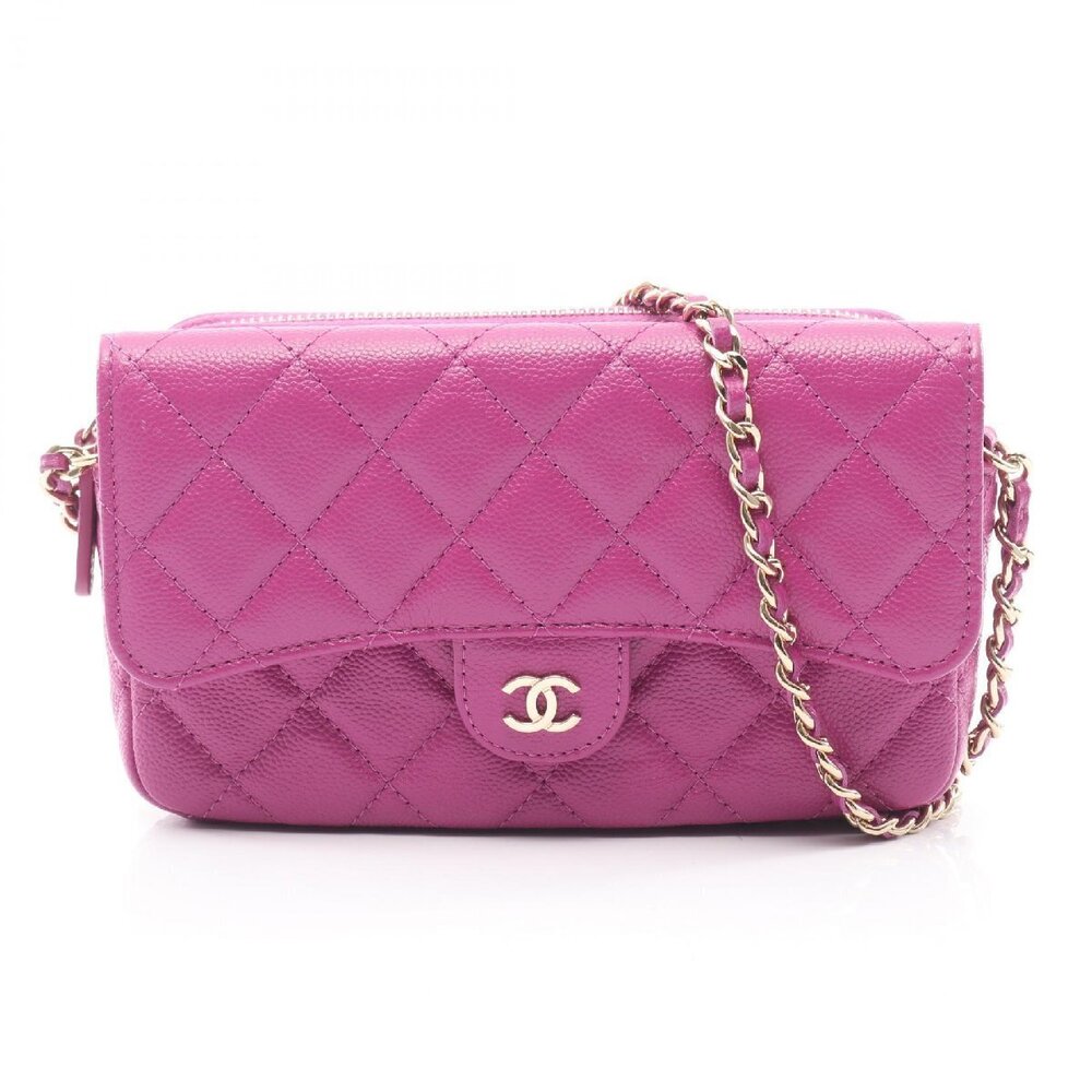 Chanel Matelasse Chain Phone Case Wallet Beige Caviar Skin Grained Calfskin